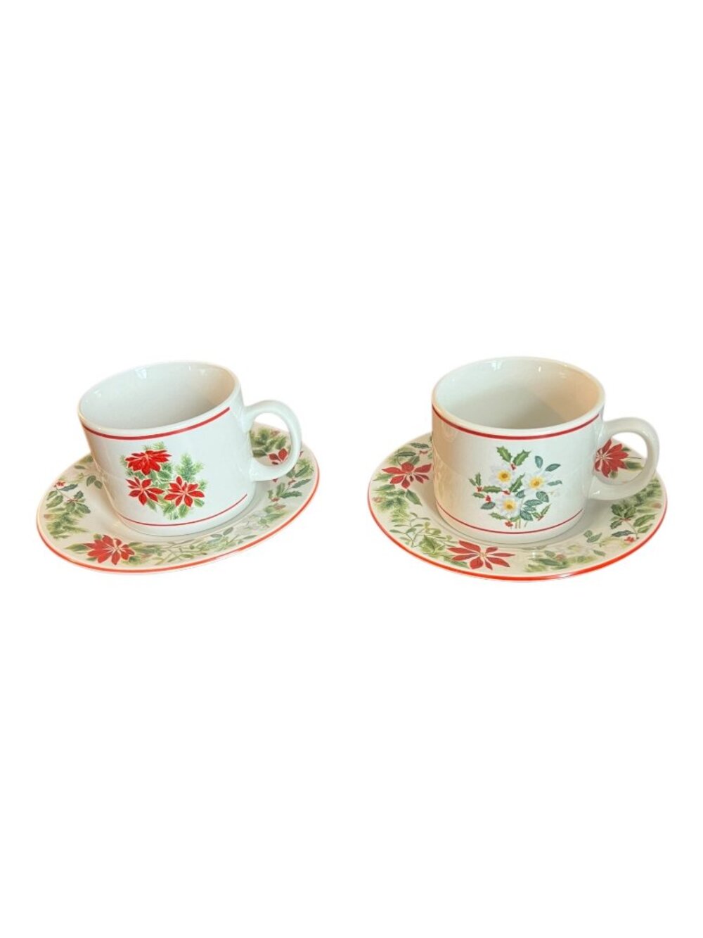 American Atelier Holiday Floral 5000 Cups Saucers Set of 2 Christmas Stoneware
